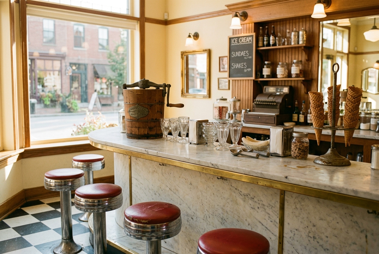 A vintage corner ice cream counter