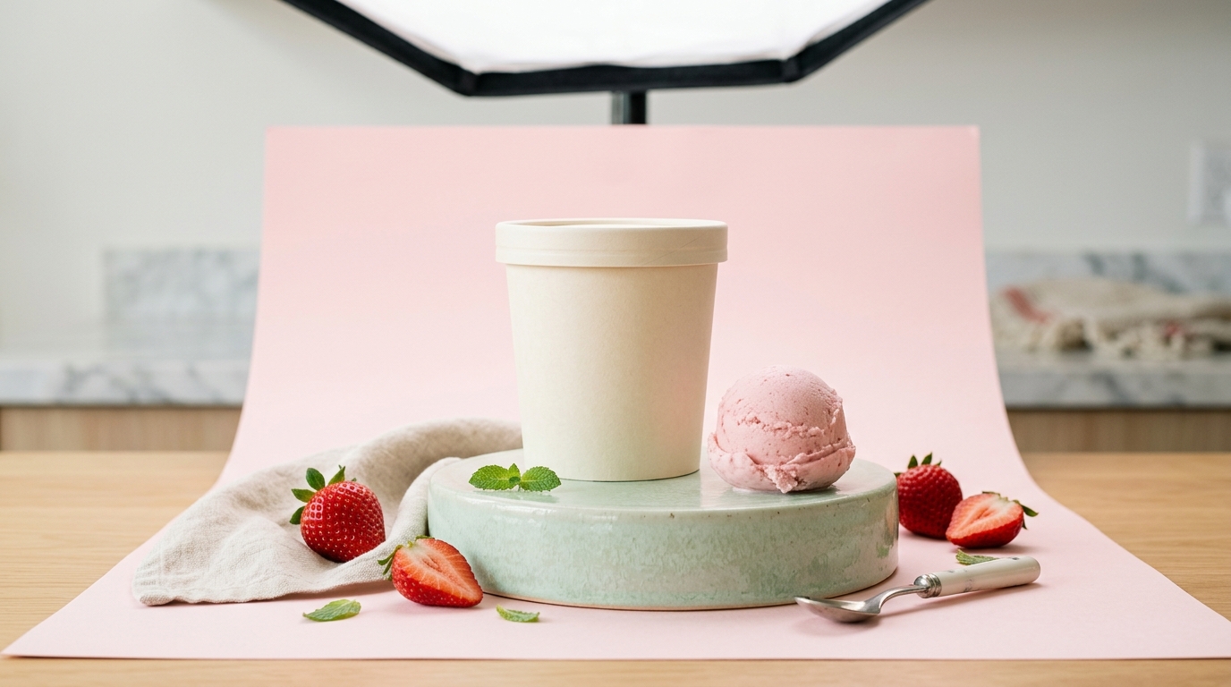 An emerging ice cream maker's pints styled in a bright product photography studio